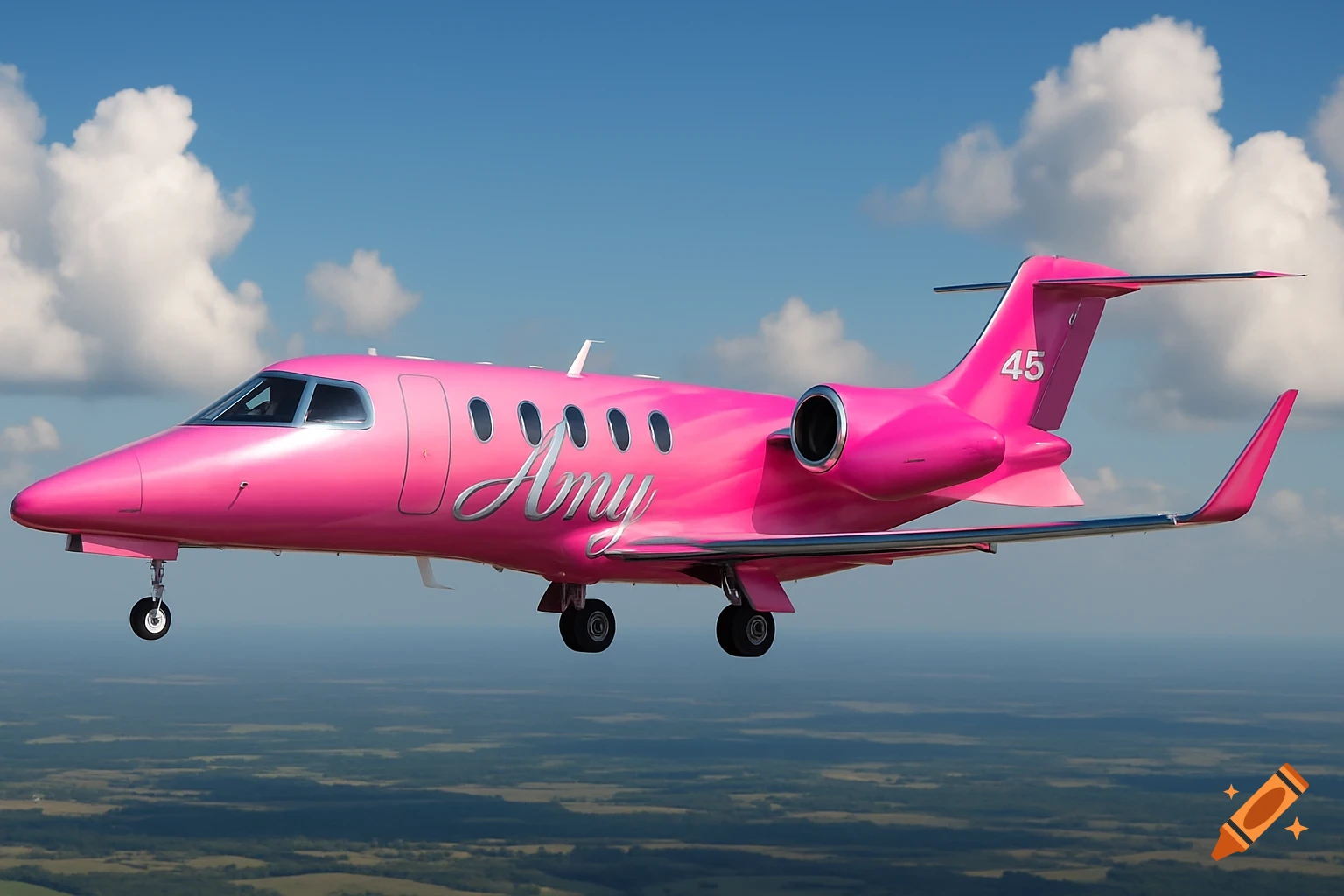A vibrant pink private jet, labeled "Amy" on its side, flies through a blue sky with white clouds above a green landscape.