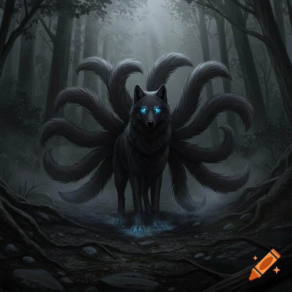 Dark gray multi-tailed wolf with glowing blue eyes and paws standing in a foggy, dark forest. Fantasy digital art.