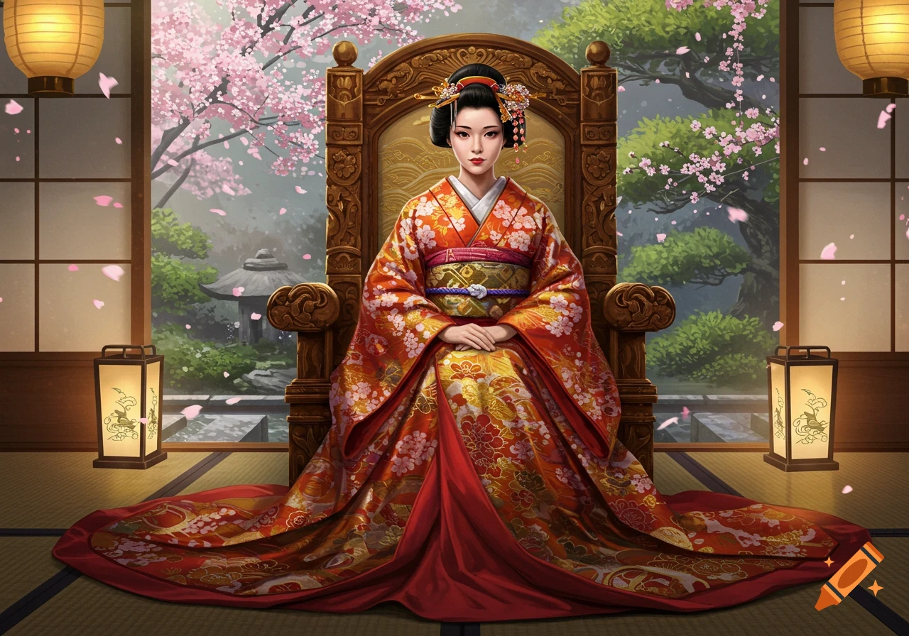 A Japanese princess in a red kimono sits on an ornate throne, looking out at a cherry blossom garden in detailed digital art.