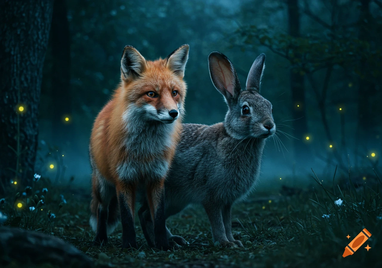 A photorealistic image of a red fox and a gray rabbit standing side-by-side in a mystical, dark forest with glowing fireflies.