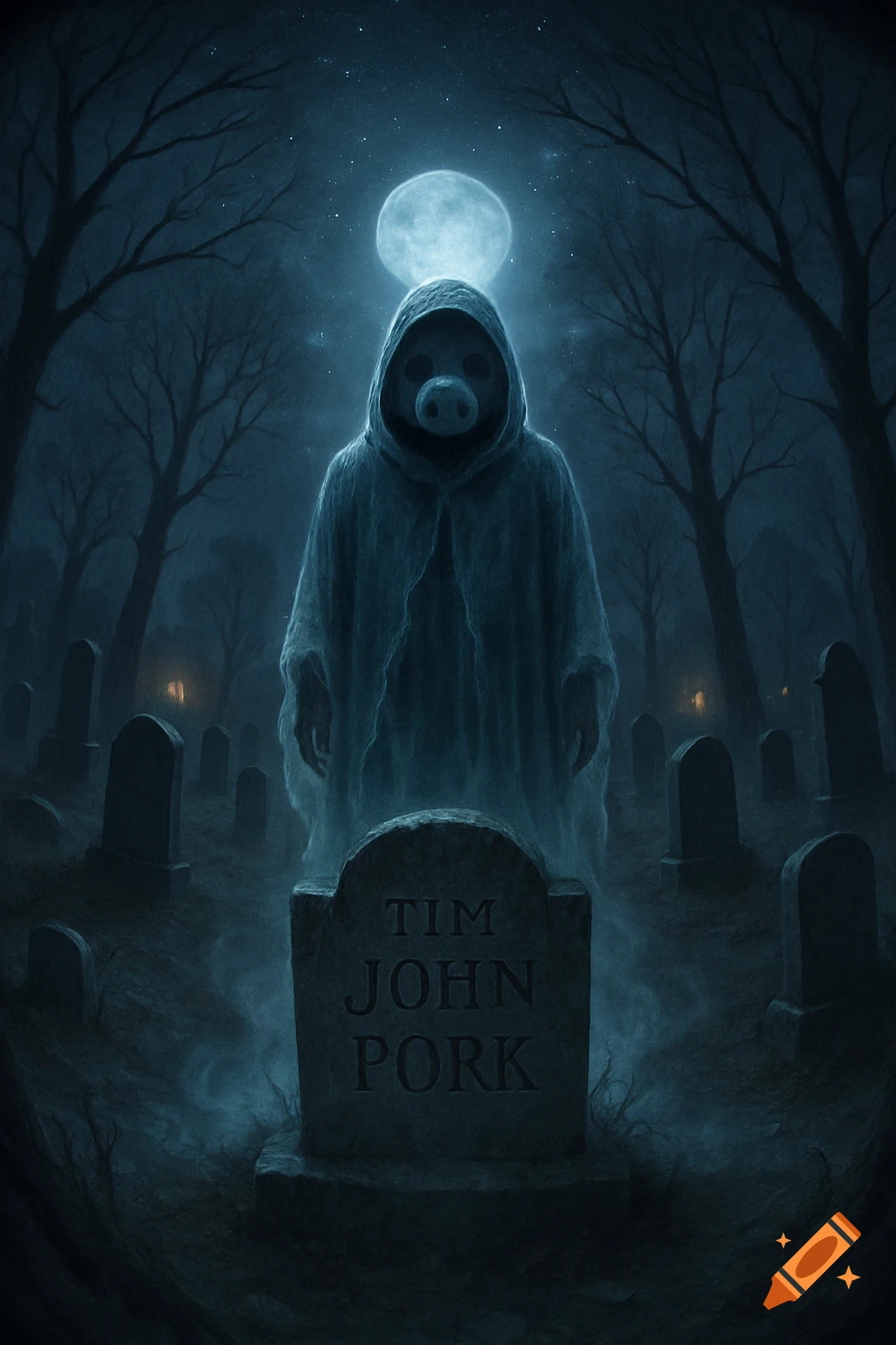 A ghost-like figure with a pig's snout for a face and a hooded robe stands over a tombstone in a dark, moonlit graveyard with bare trees.