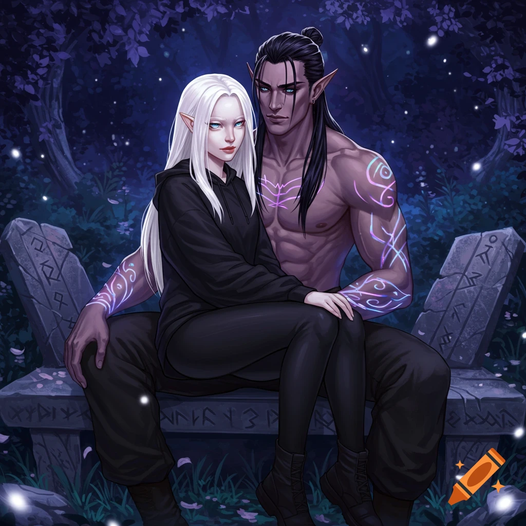 Anime style illustration of a white-haired female elf sitting on the lap of a dark-haired, tattooed male elf on a stone bench in a magical forest.