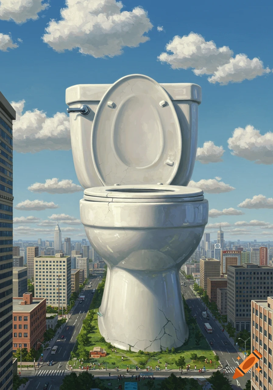 A giant, white toilet with its lid up stands tall in the middle of a bustling city street, dwarfing buildings under a cloudy sky.