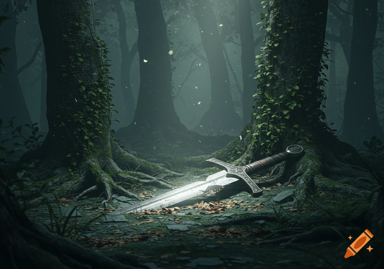 A legendary sword lies on the mossy ground of a dark, misty forest, surrounded by ancient, vine-covered trees.