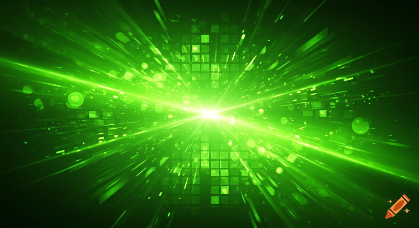 Bright green abstract background with a central light burst, radiating lines, squares, and bokeh effects.