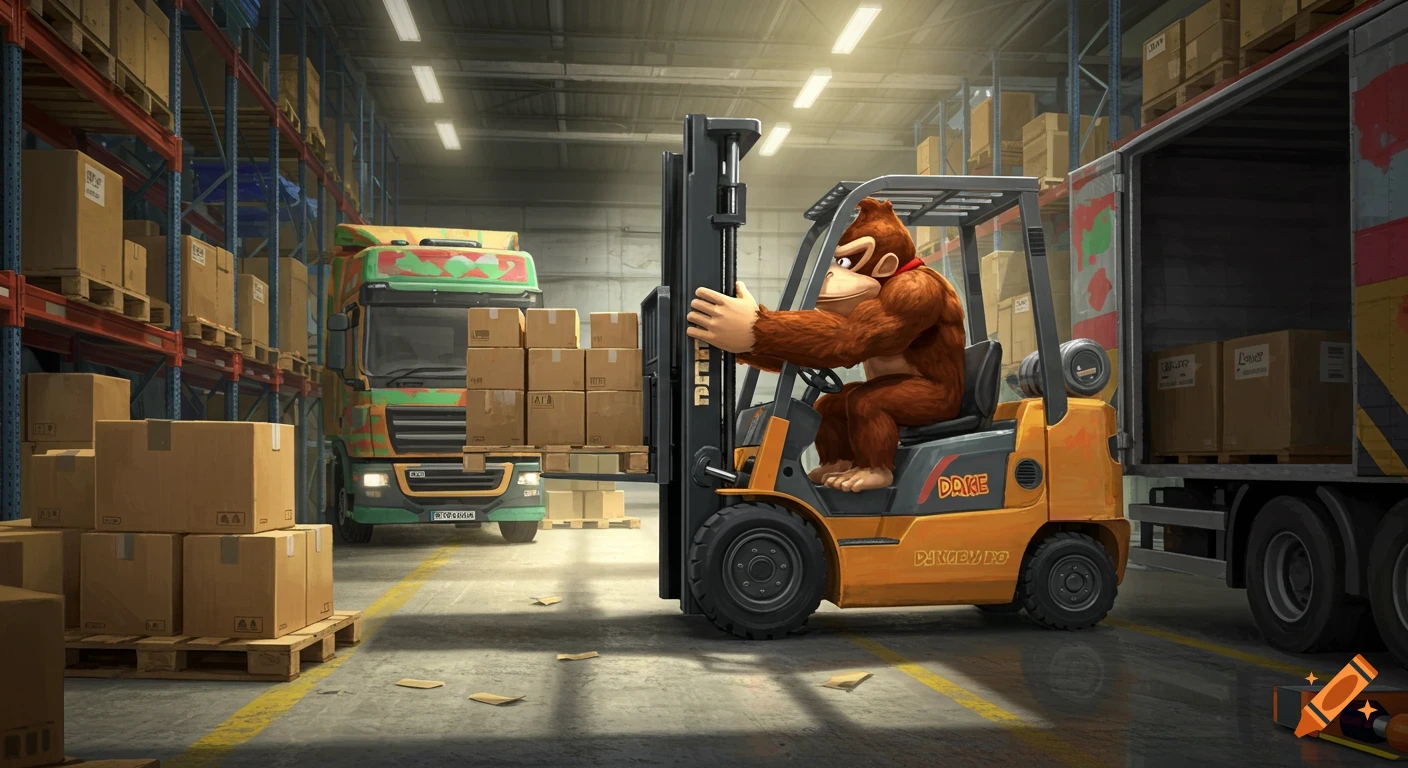Donkey Kong, a brown ape, drives an orange forklift in a warehouse, moving boxes from a green truck.