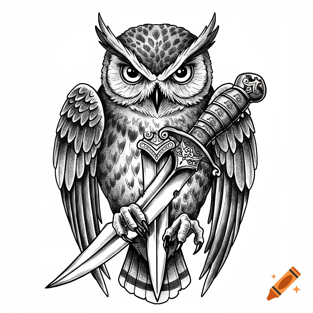 Black and white neo-traditional illustration of an owl with closed wings, holding an ornate dagger in its talons.
