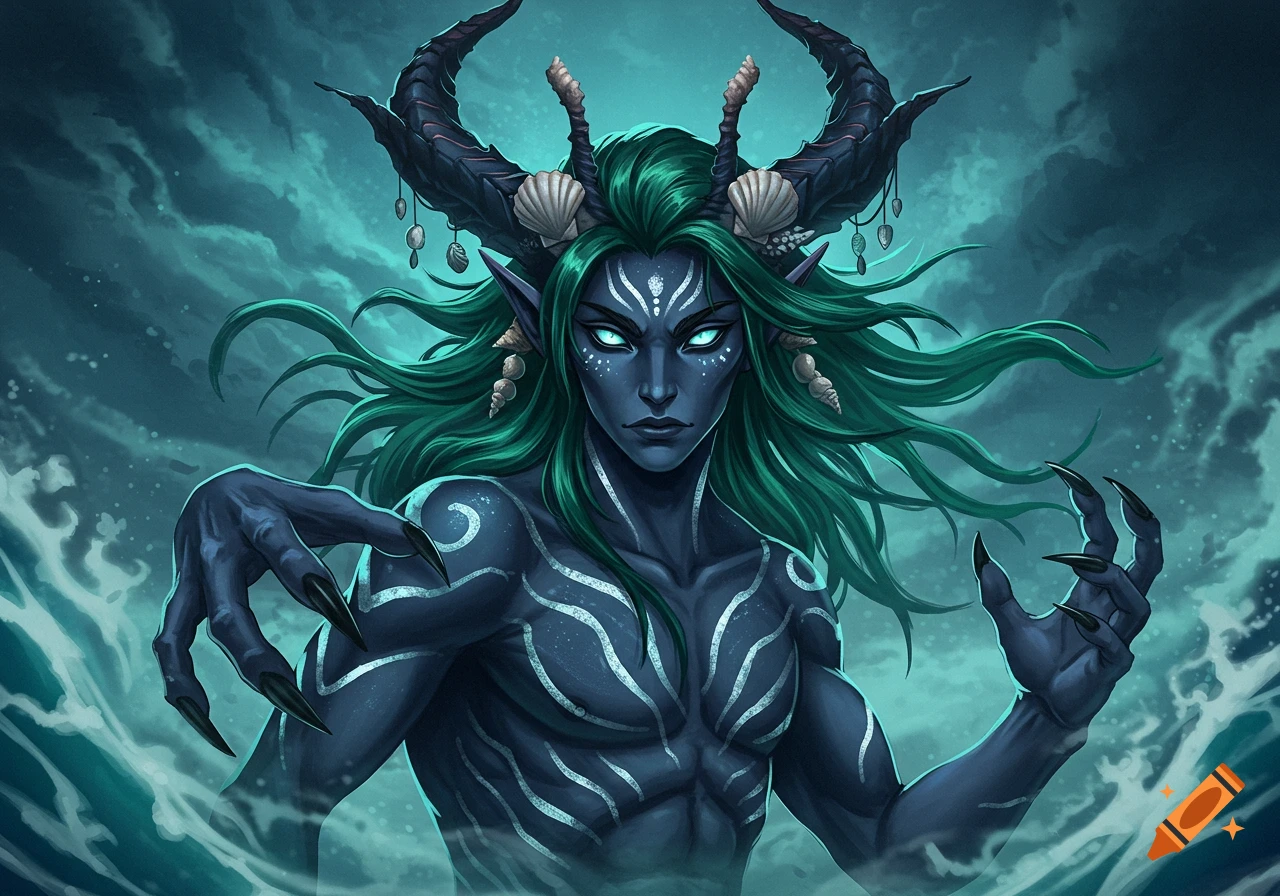 Dark blue-skinned fantasy demon with green hair, glowing eyes, horned head, and sharp claws in stormy water.