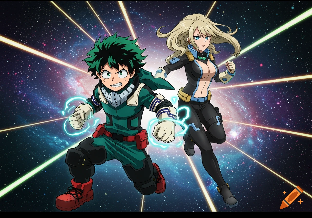 Izuku Midoriya and Rebecca Bluegarden in anime style, posing dynamically with glowing energy against a cosmic background with light rays.