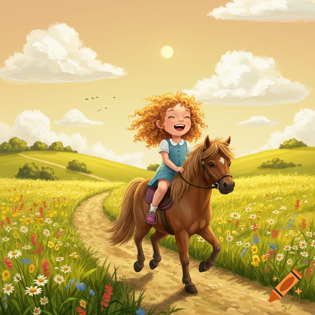A happy cartoon girl with curly orange hair rides a brown pony along a path through a sunny field of colorful flowers.
