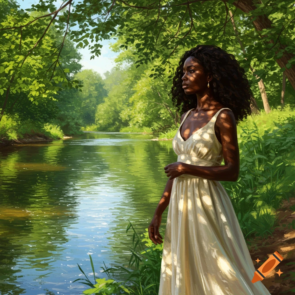 Painting of a Black woman in a white dress standing by a river in a lush, sun-dappled forest.