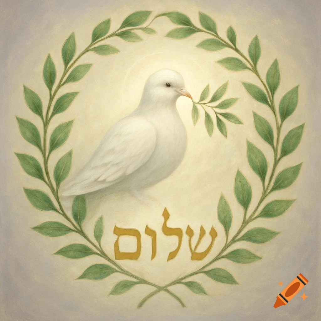 A white dove holding an olive branch in its beak, surrounded by a green leafy wreath, with the Hebrew word 'Shalom' below.
