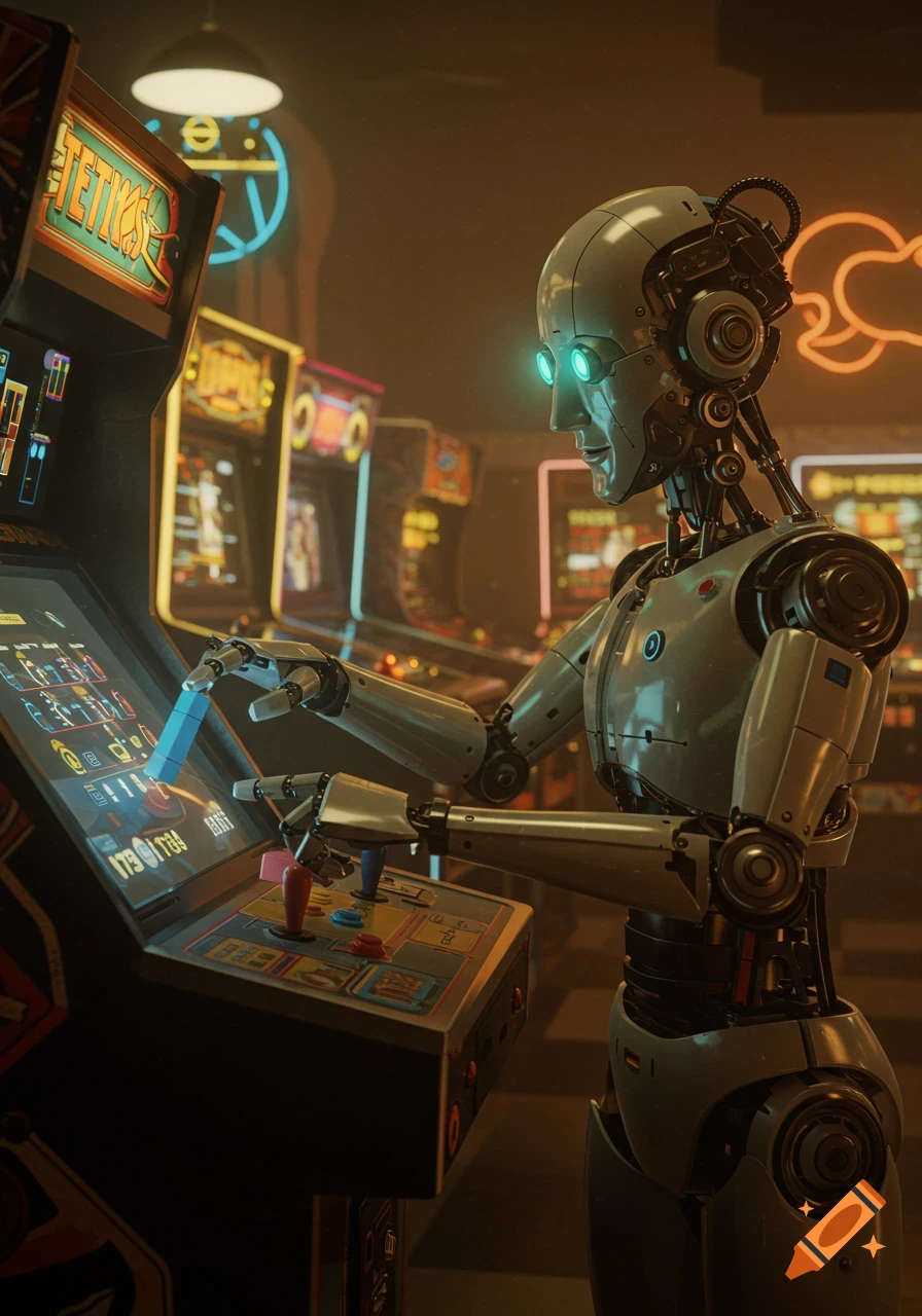 A sleek, photorealistic robot with glowing blue eyes plays an arcade game in a neon-lit retro arcade.