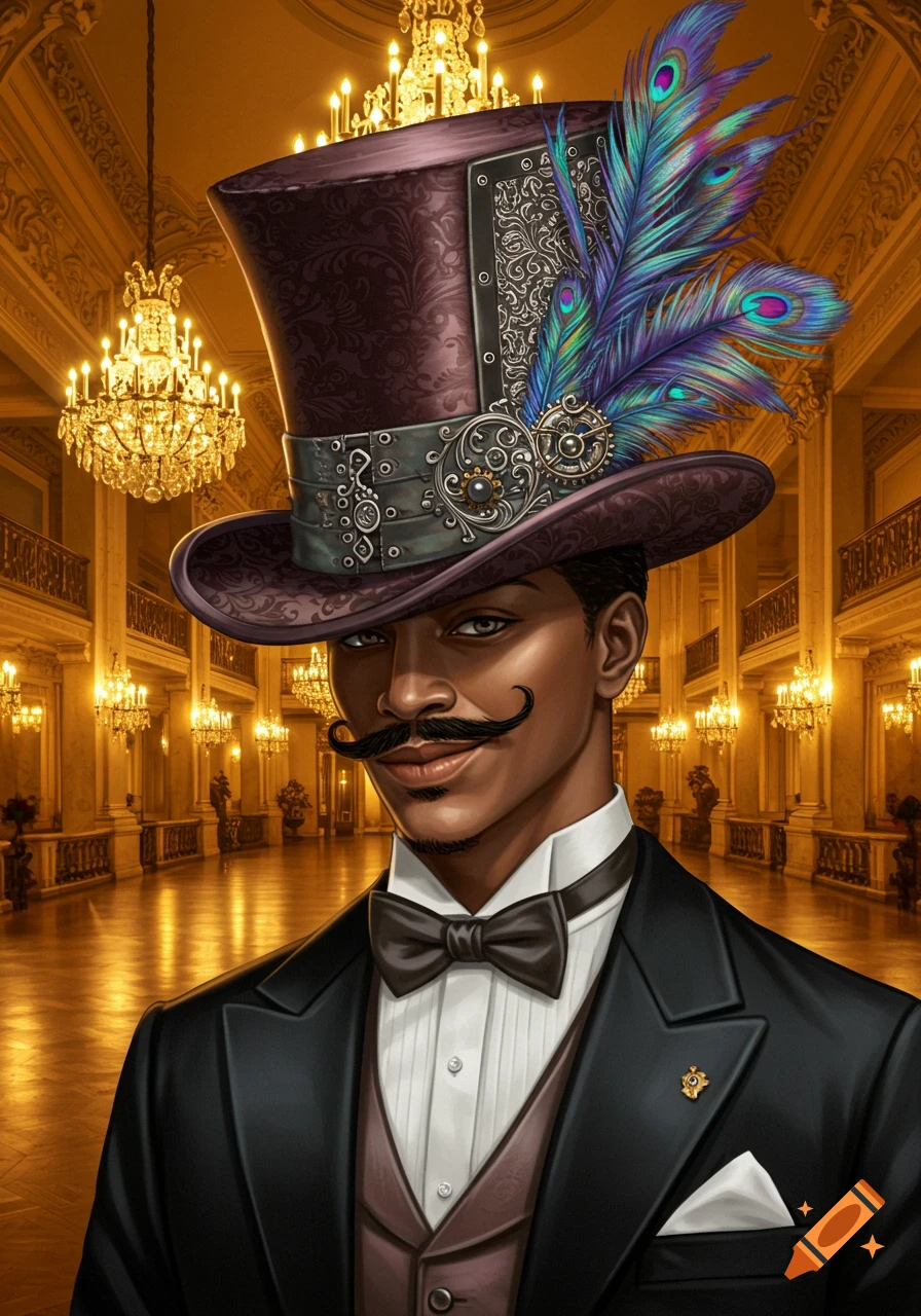 A dapper man in a black suit, an elaborate top hat with peacock feathers and gears, and a handlebar mustache smiles in a grand golden hall.