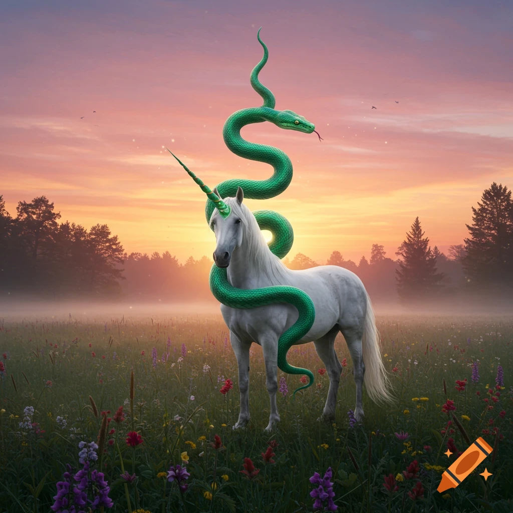 A white unicorn with a long green snake for a horn stands in a vibrant flower field at sunset, photorealistic.