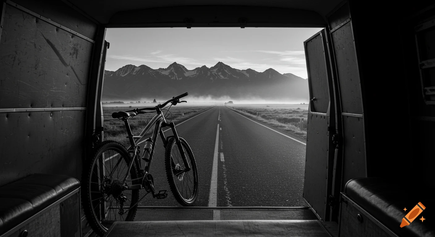 Black and white image of a mountain bike inside a van, looking out at a long road stretching toward misty mountains at sunrise.