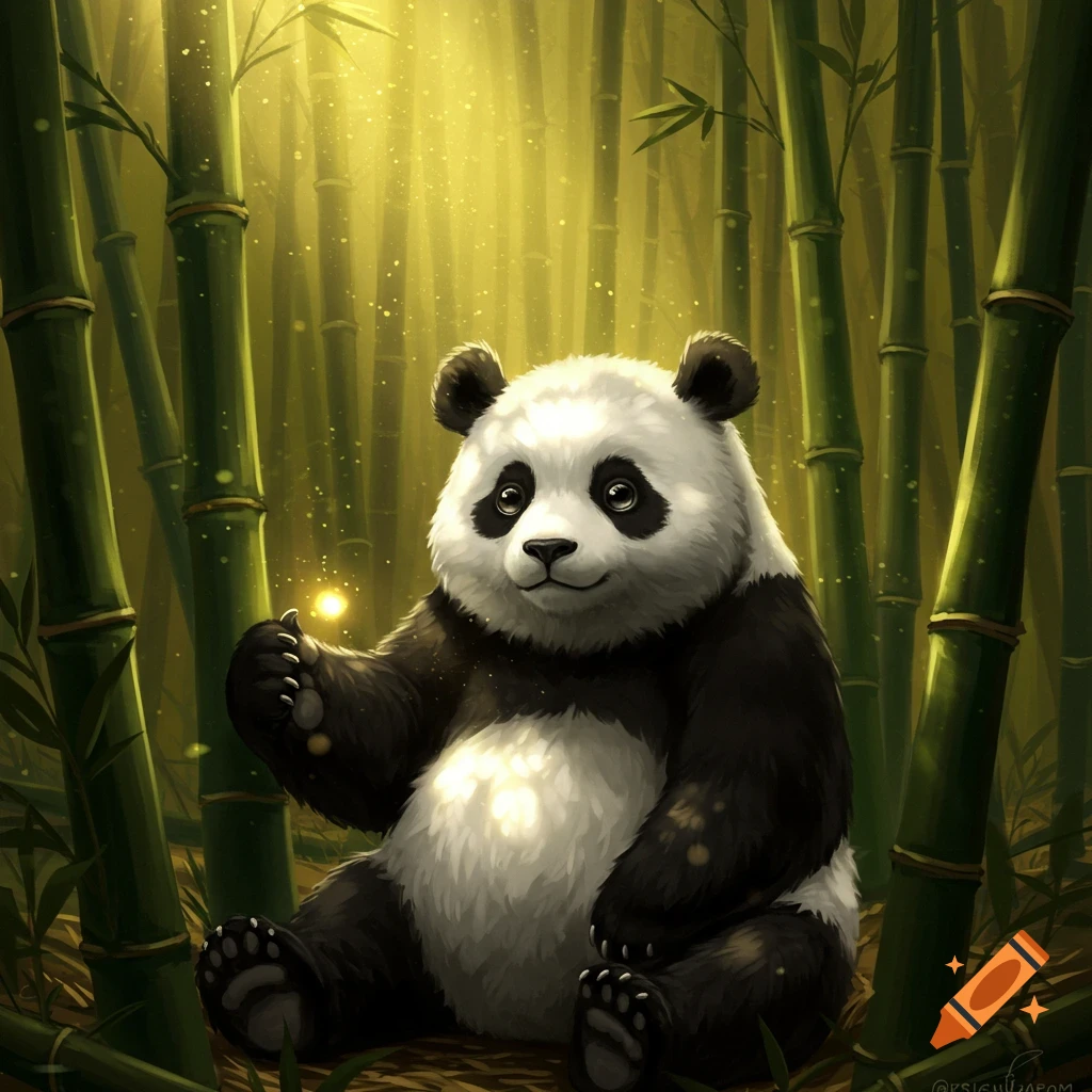 A cute illustrated panda sits in a glowing bamboo forest, holding a small shining light.