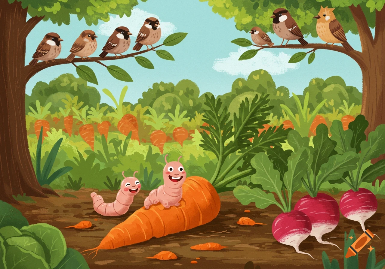 Cartoon scene of worms munching on carrots and radishes in a vibrant vegetable garden, while birds watch from tree branches on a sunny day.