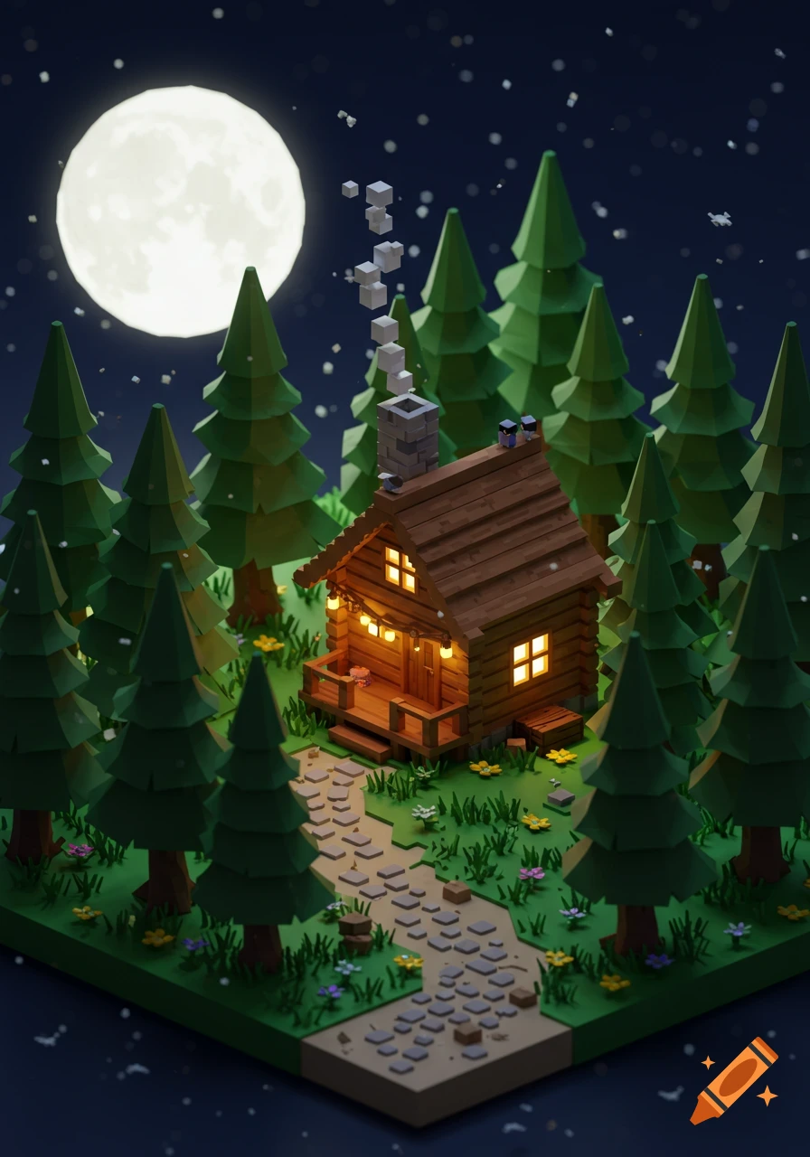A cozy voxel art cabin in a moonlit pine forest with a glowing porch and chimney smoke, leading to a stone path.