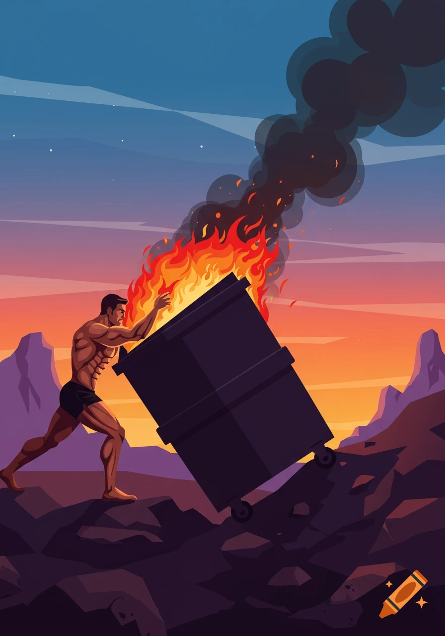 Muscular man pushing a burning dumpster up rocky terrain at sunset, in a vector illustration style.