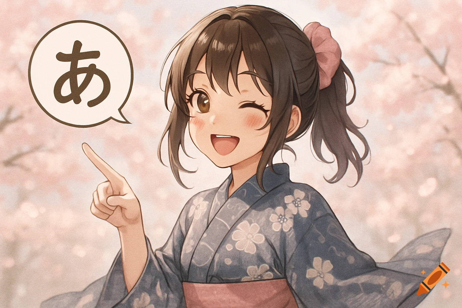 Cute anime girl in a blue yukata winks, points at a speech bubble with 'あ', cherry blossom background.