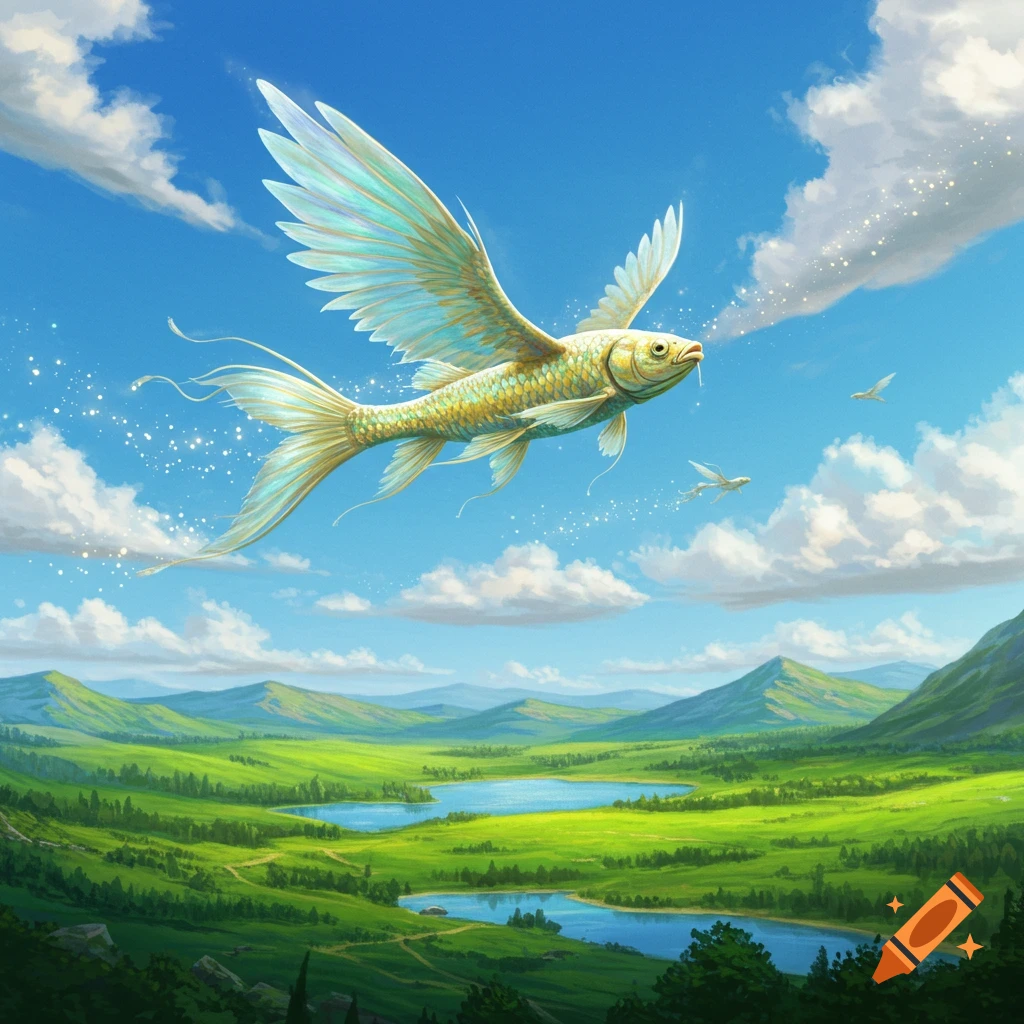 A golden fish with light blue wings flies through a bright blue sky over a vibrant green landscape with lakes and mountains, surrounded by sparkling dust.