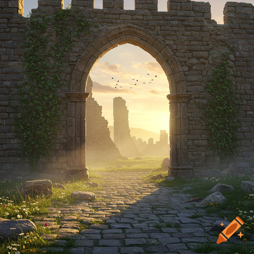 A stone archway, part of a ruined castle, opens to a misty path leading towards a golden sunset with distant ruins and birds.