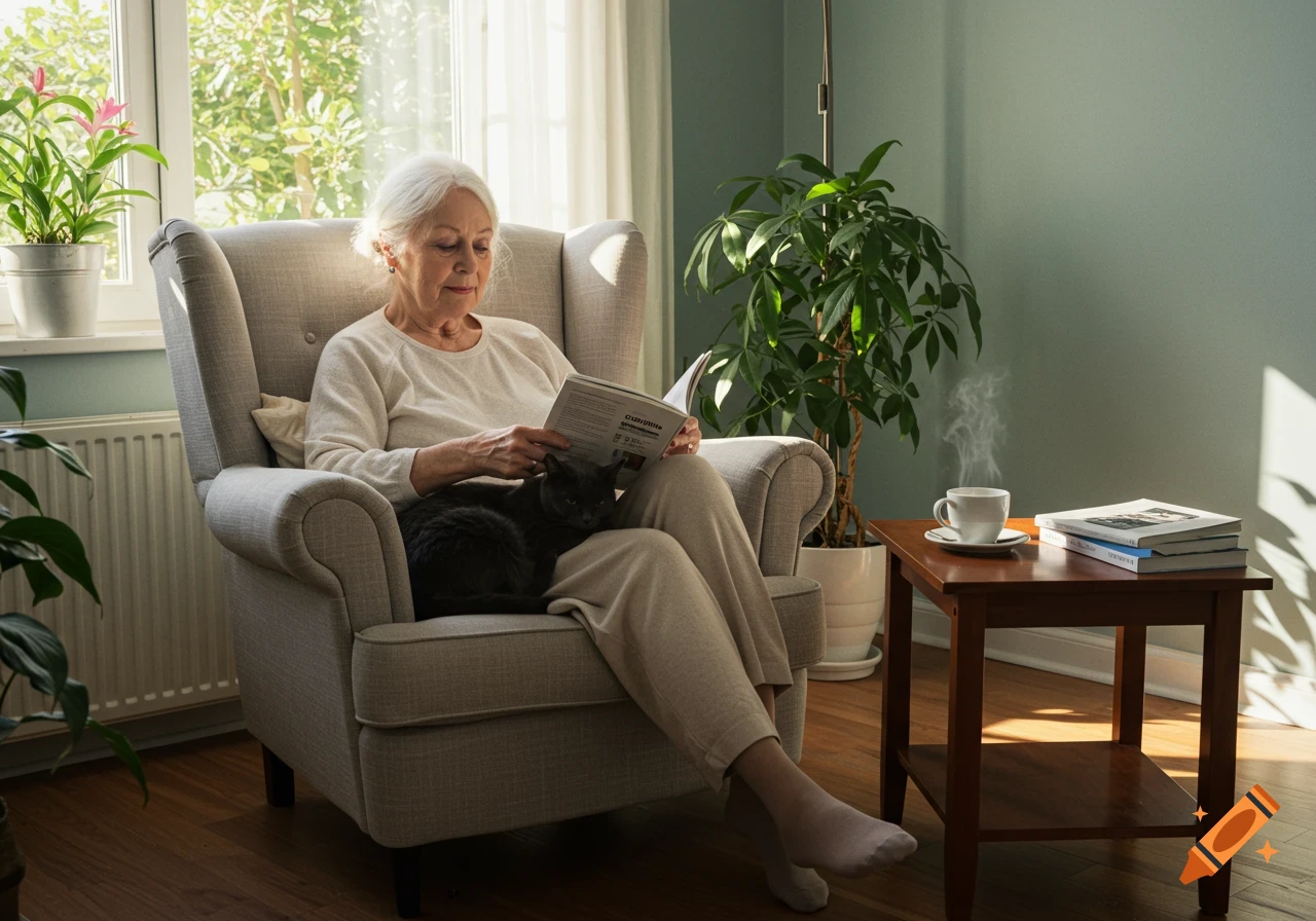Elderly woman with white hair reading a magazine in an armchair, with a black cat on her lap, by a sunlit window. A steaming coffee cup is on a nearby table.