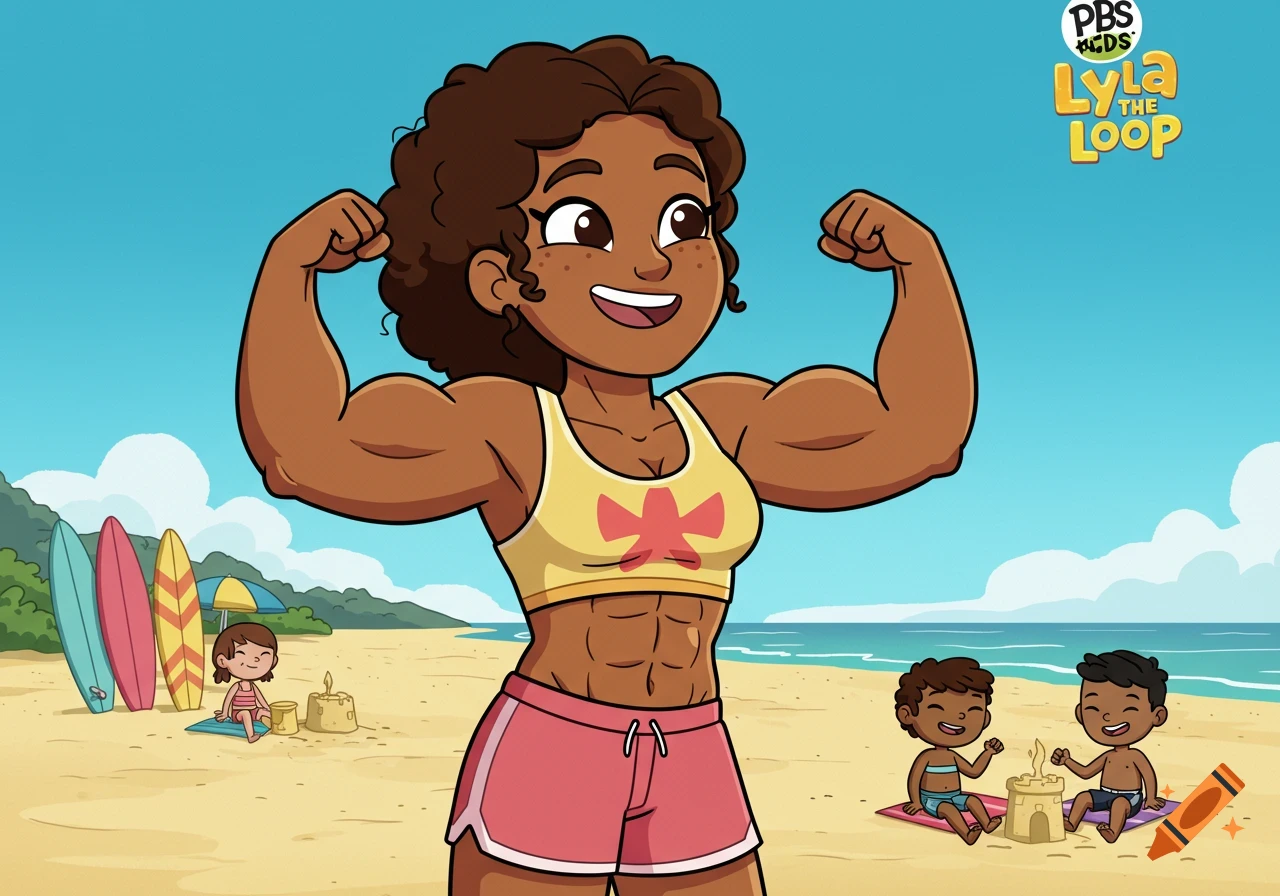 Cartoon Lyla's mom, a strong Black woman, flexes her biceps on a sunny beach, with children and surfboards.