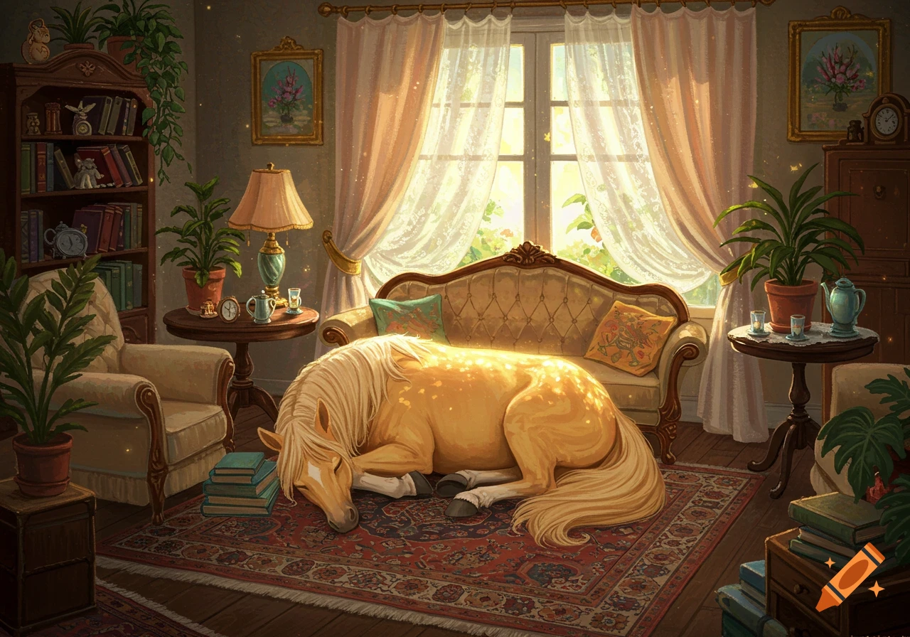 Illustrated yellow horse sleeping on a patterned rug in a sunlit, cozy room with plants, books, and ornate furniture.