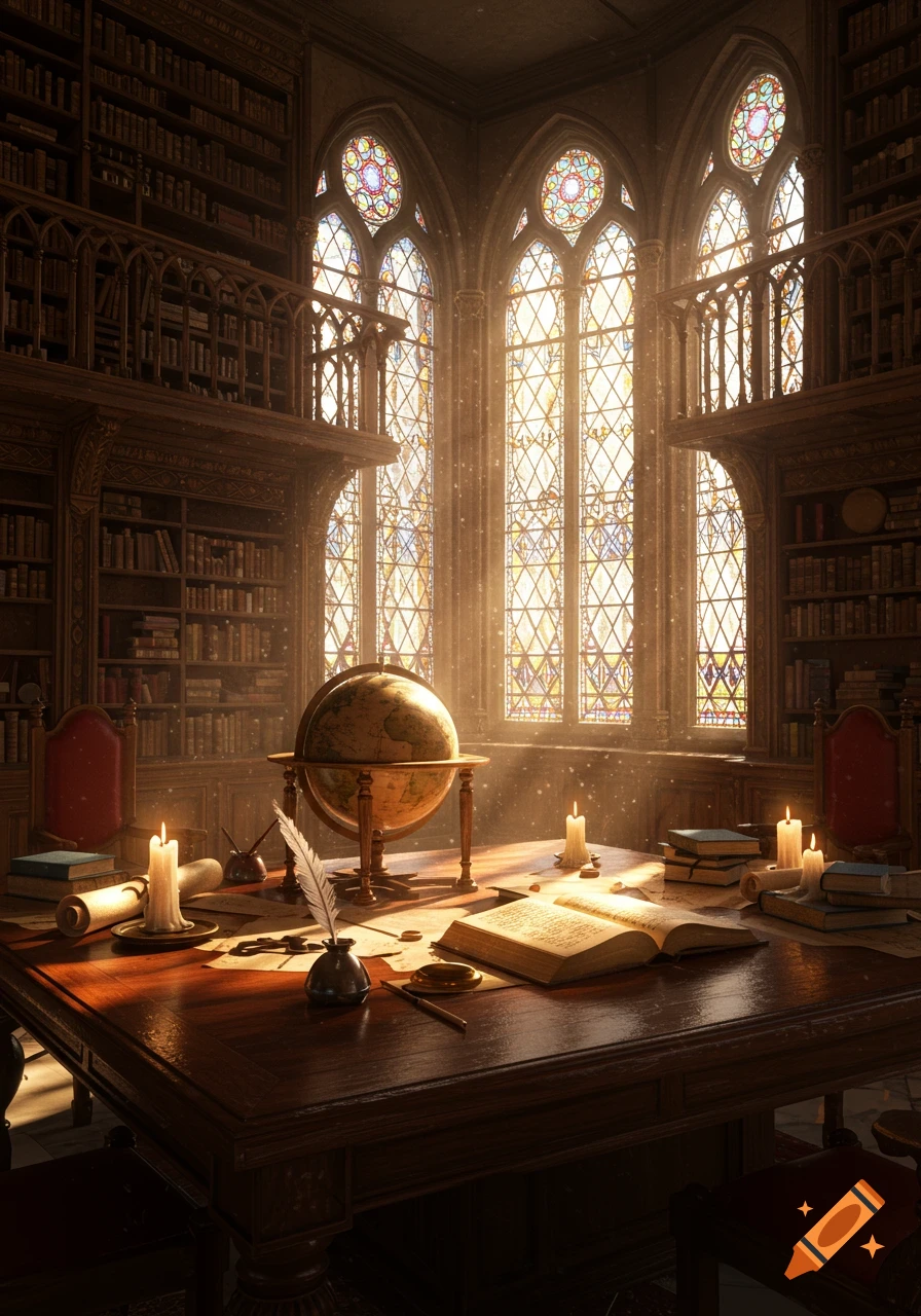 A sun-drenched gothic library study with stained glass windows, a globe, and open books on a candlelit wooden desk.