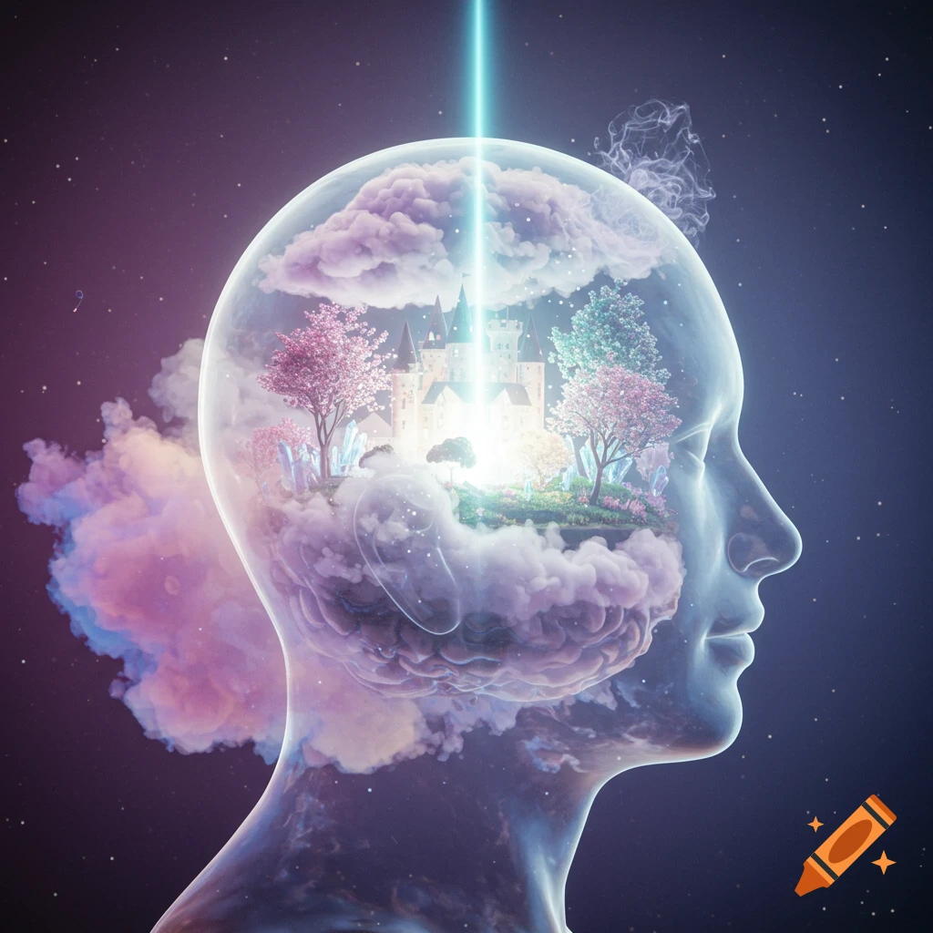 A translucent profile of a head filled with a dreamy landscape: a castle, pink trees, clouds, and a light beam from above, against a starry sky.