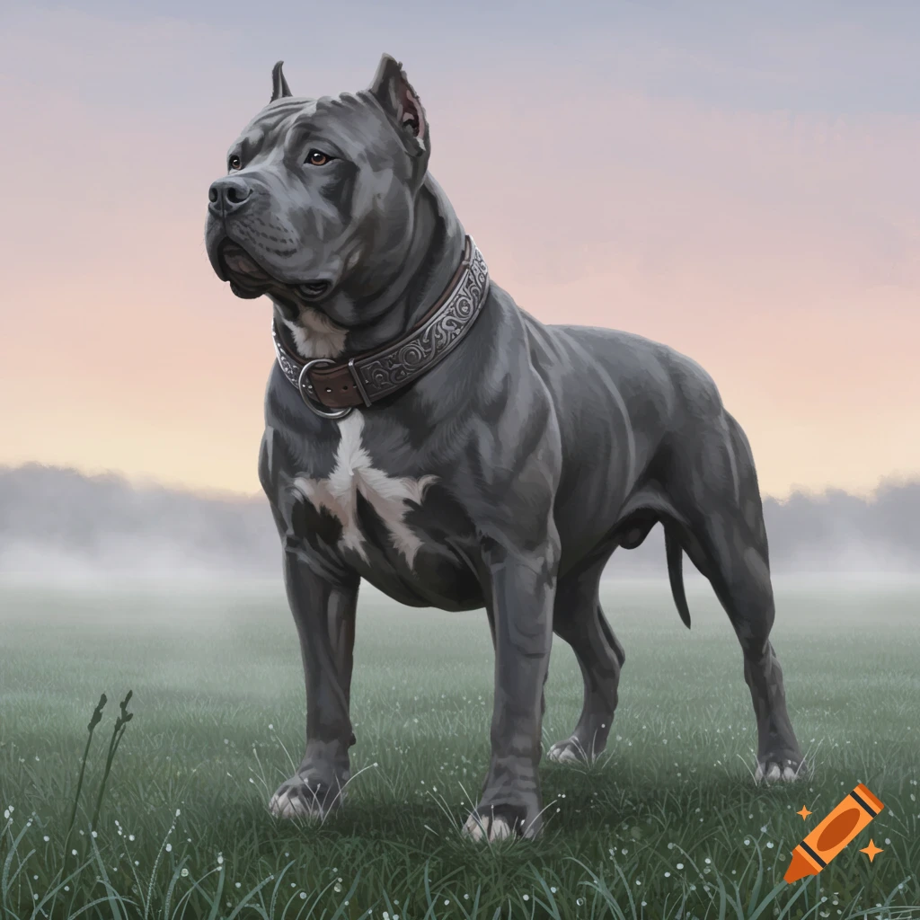 A muscular grey pitbull dog wearing a decorated metal collar stands in a misty, grassy field at dawn in an illustrative style.