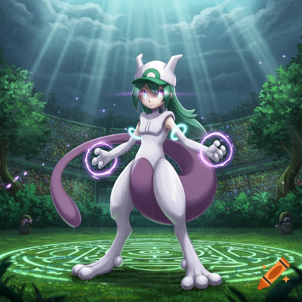 An anime-style female Pokémon trainer in a Mewtwo costume stands on a grassy field with glowing hands and a magic circle.