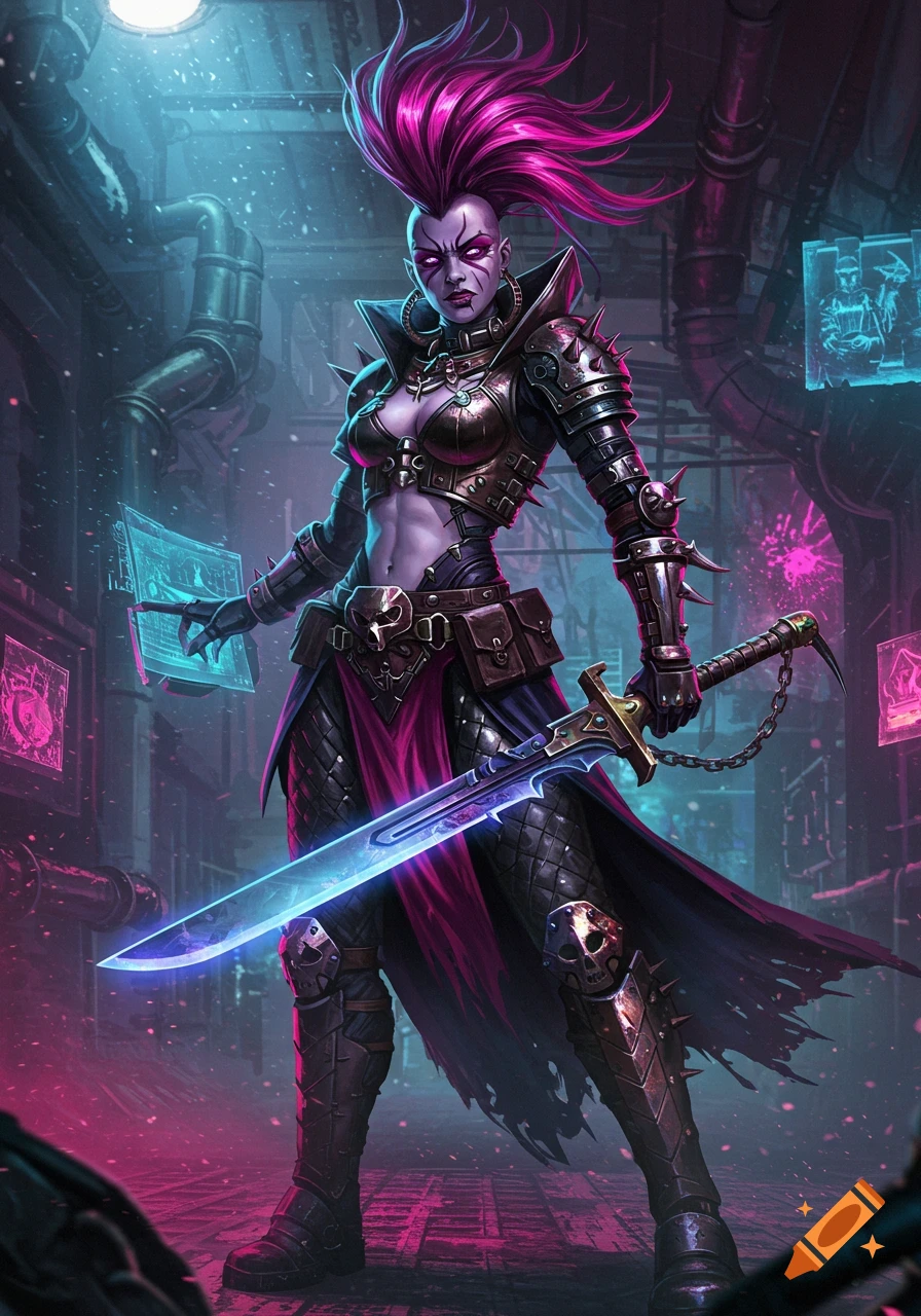 A cyberpunk warrior woman with a pink mohawk, dark armor, and a glowing blue sword stands in an industrial setting.