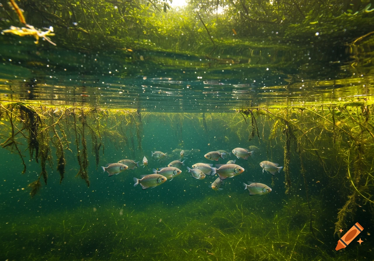 A school of small, silver fish swims through clear green water, with sunlight filtering through lush aquatic plants and roots above.