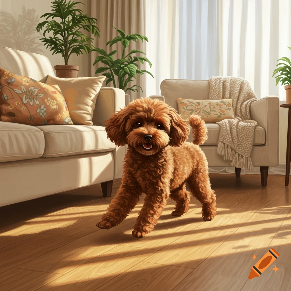 A cute brown poodle stands on a wooden floor in a sunlit living room with couches and plants.