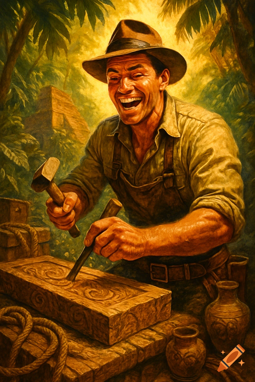Laughing adventurer-like man carves wood with hammer and chisel in a lush jungle setting with ancient ruins, painterly style.