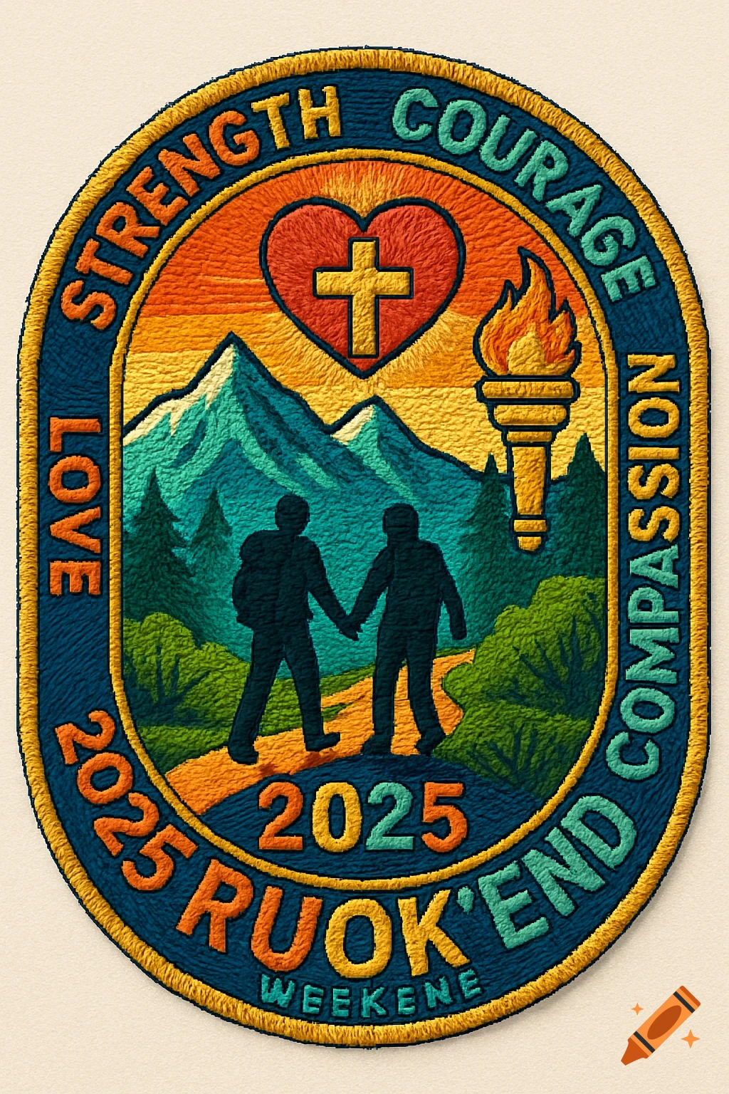 A colorful embroidered patch with mountains, two hikers, a cross, a torch, and motivational text.