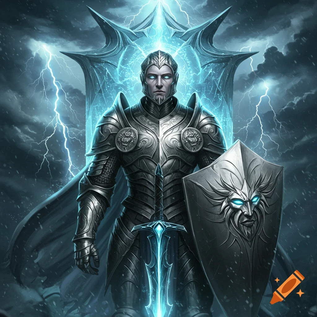 Armored warrior holding a glowing sword and shield against a lightning storm, dark fantasy art.