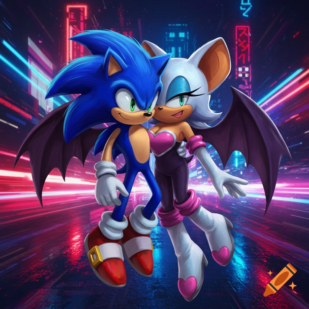 Sonic the Hedgehog and Rouge the Bat pose lovingly in a vibrant, neon-lit cyberpunk city.