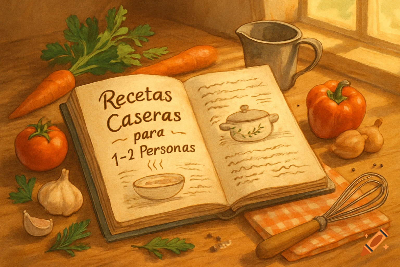 An open cookbook titled 'Recetas Caseras' surrounded by fresh vegetables and cooking utensils on a wooden table, in an illustrative style.