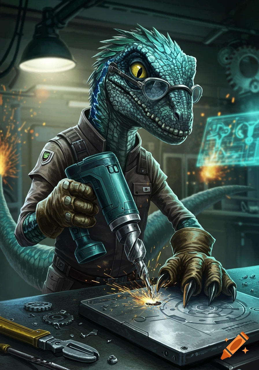 A blue-skinned anthropomorphic raptor in glasses and a work uniform, drilling a metal plate in a workshop, with sparks flying. Illustrated.
