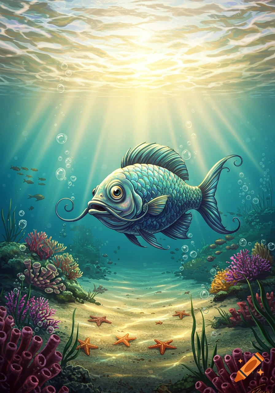 A whimsical, stylized fish with a prominent mustache swims through a brightly lit underwater coral reef, illustration.
