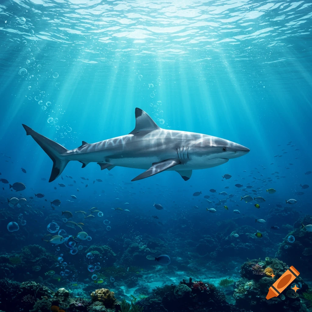 A shark swims in a brightly lit coral reef with schools of small fish in clear blue ocean water.