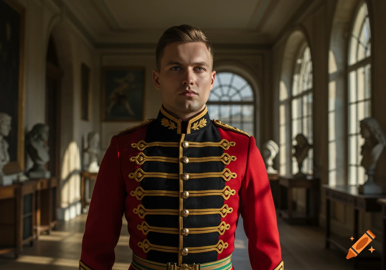Photorealistic portrait of a young man in a red and black historical military uniform in a grand hall.