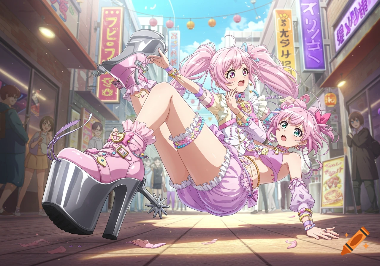 Two anime girls with pink hair in frilly pastel outfits and platform heels, one tripping in a vibrant street market.