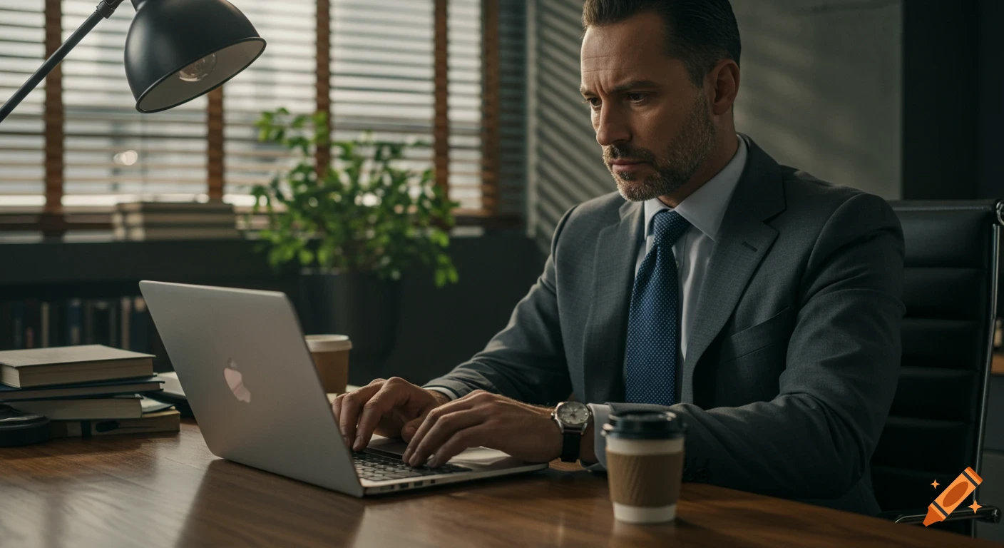 Elegant businessman focused on a laptop at a modern desk in an office, soft cinematic lighting.