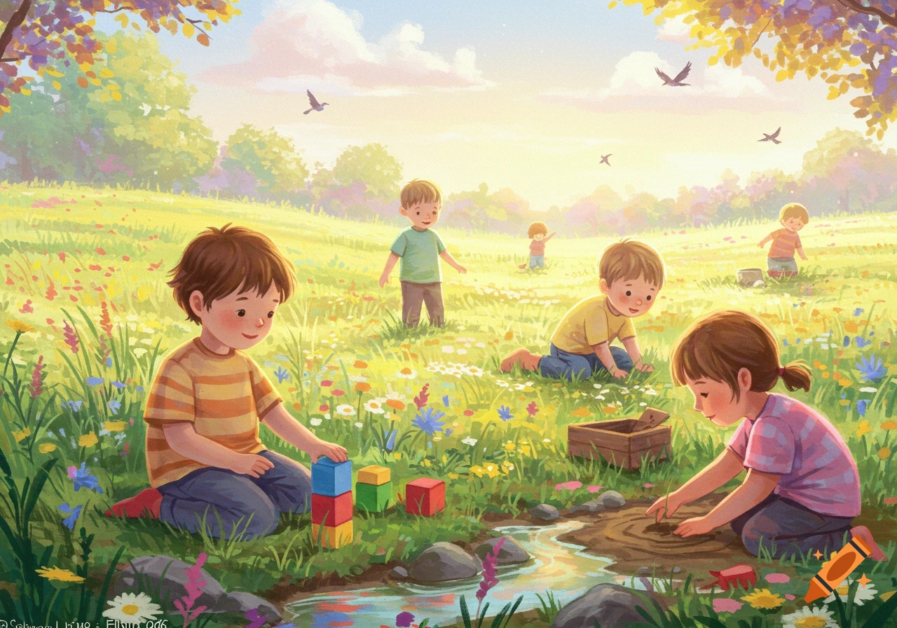 Cartoon illustration of young children playing in a sunny, flower-filled meadow with a stream, building with blocks and playing in mud.