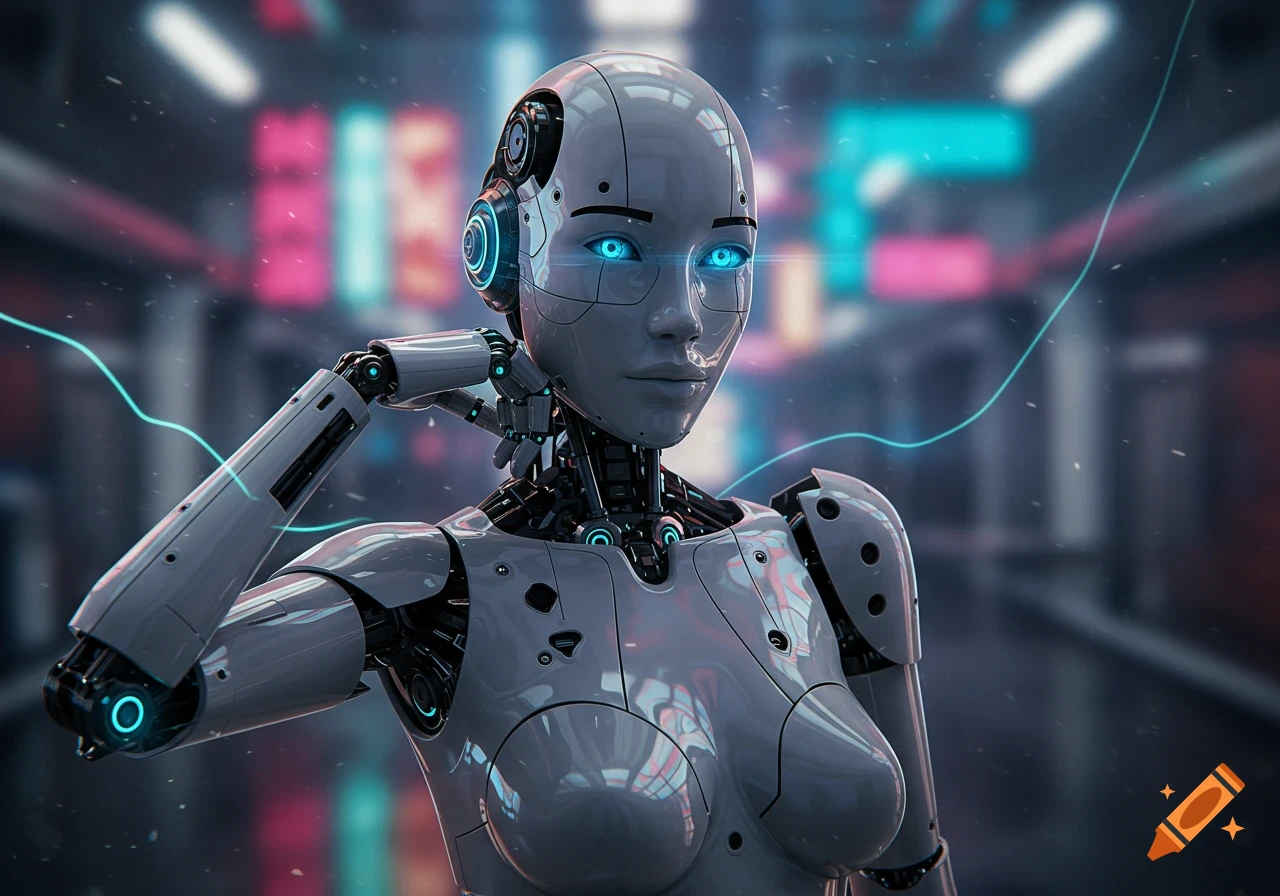A photorealistic depiction of a beautiful humanoid robot woman with glowing blue eyes and intricate machinery, in a futuristic setting.